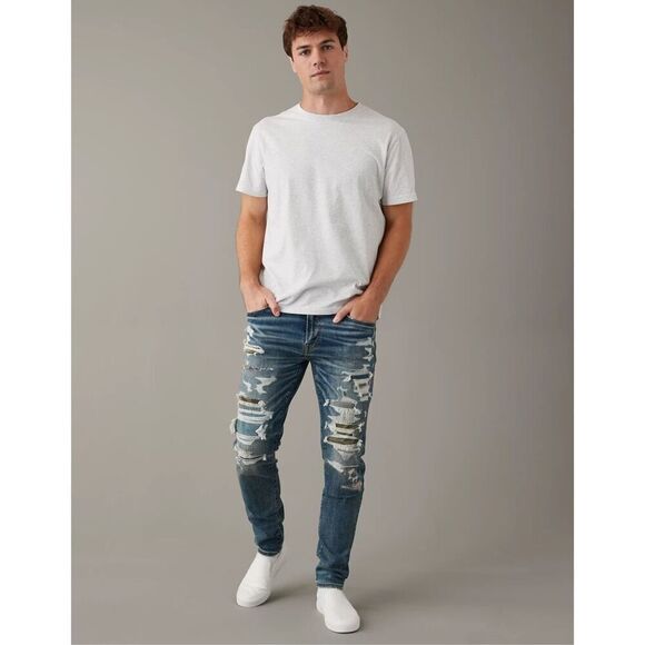 American Eagle Men's 30x30 Airflex Jeans Stretch Slim Slashed Distressed Grunge - Picture 1 of 12